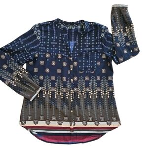 Maison Coupe Blue Abstract Blouse size L Silky Smooth T-2418